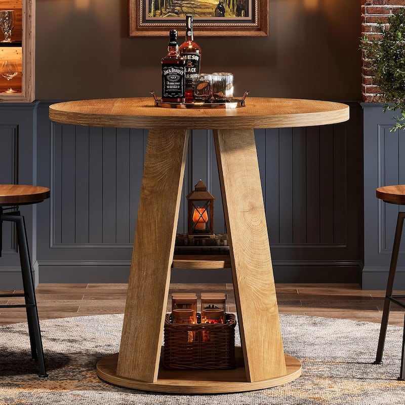 31.5" Small Round Wood Farmhouse Dining Kitchen Table with Storage Shelf - 31.5"D × 31.5"W × 29.5"H - Brown