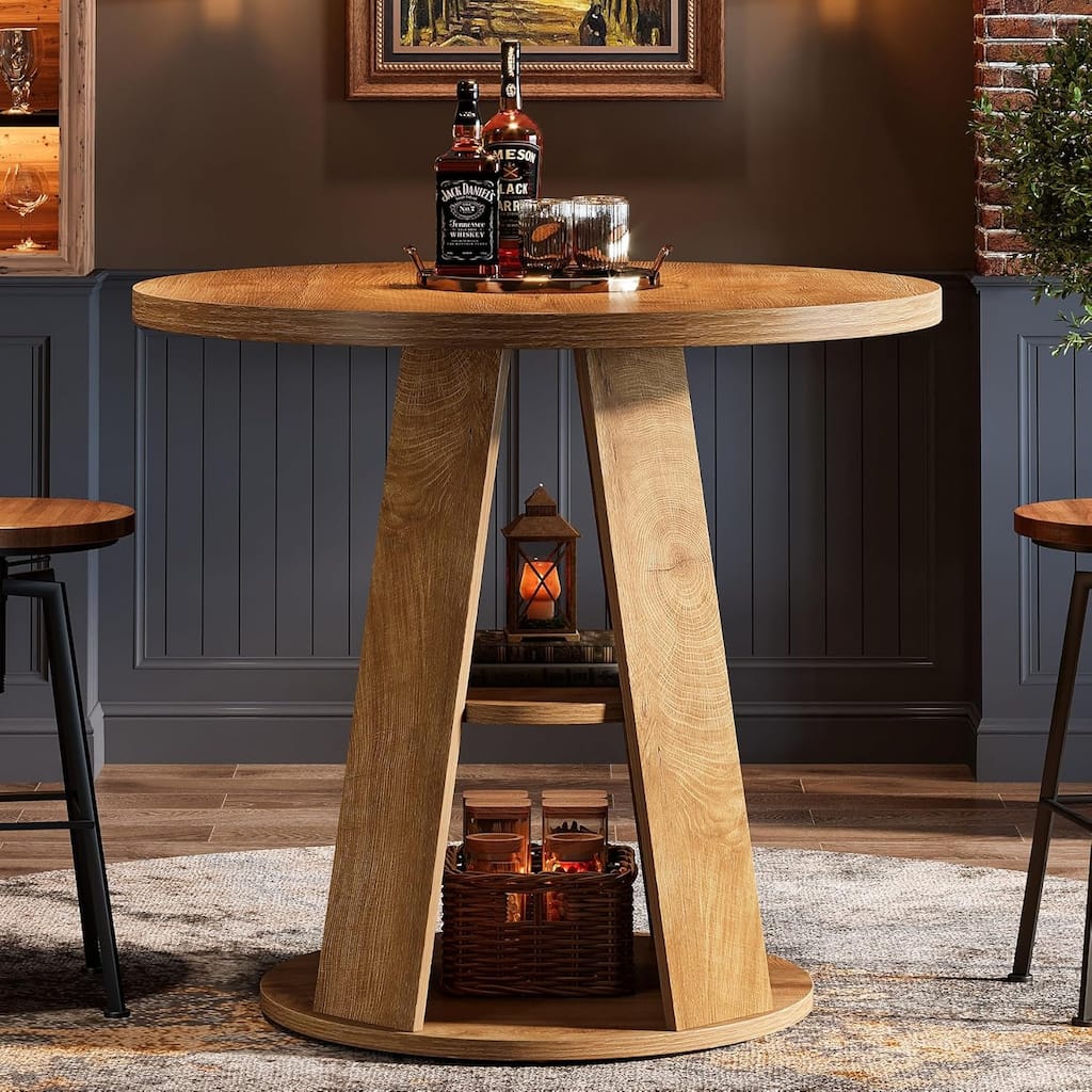 31.5" Small Round Wood Farmhouse Dining Kitchen Table with Storage Shelf - 31.5"D × 31.5"W × 29.5"H