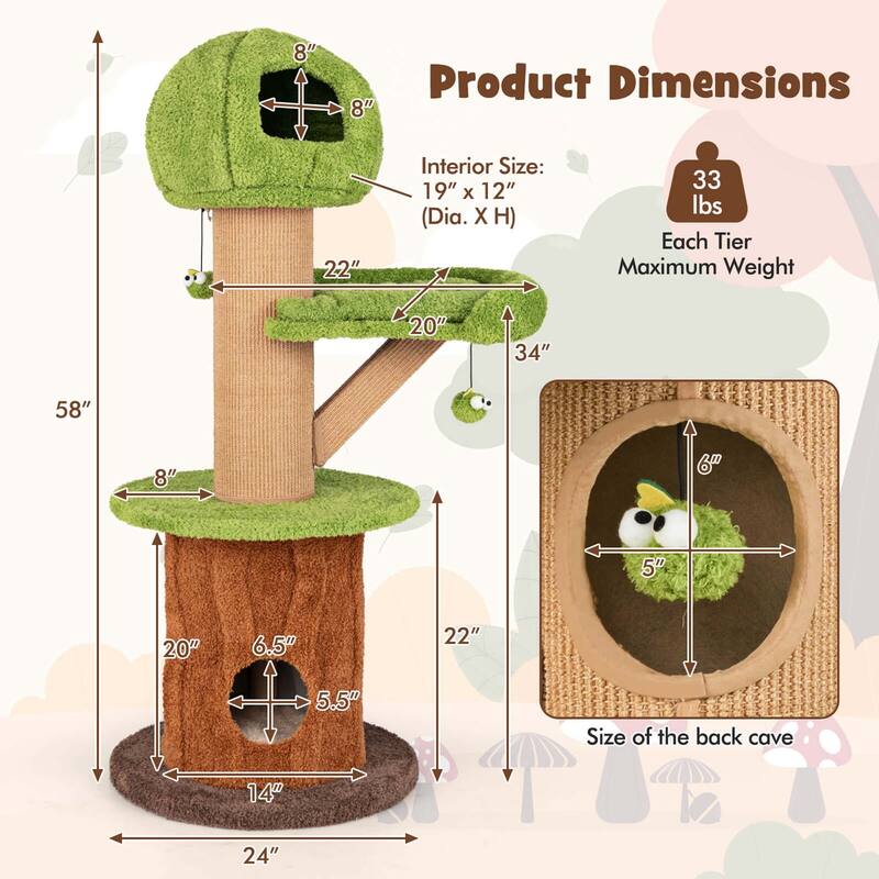Costway 58" Mushroom Cat Tree for Indoor Cats with 2 Cute Condos Plush - See Details
