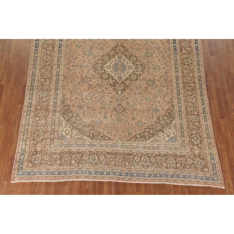Traditional Peach Mashad Persian Vintage Rug Hand-Knotted Wool Carpet - 7'11"x 10'7"