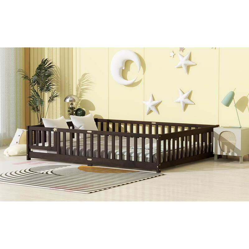 Roomfitters Twin/Full/Queen Rubber Wood Floor Bed with Fence and Swing Door, Safety Guardrails, Low Profile Design