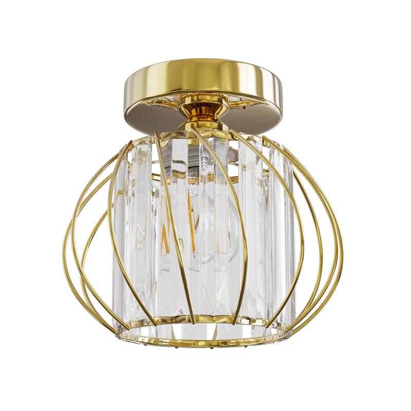 YANSUN Gold Metal Semi-Flush Mount Light with Crystal Shade, E26 Socket for Timeless Décor - 7.1*7.1*6.7