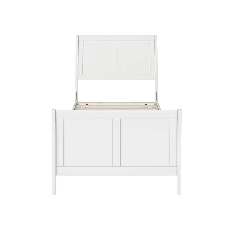 Twin XL Platform Bed Wood Sleigh Low Profile Bed Frame with Footboard - White Finish
