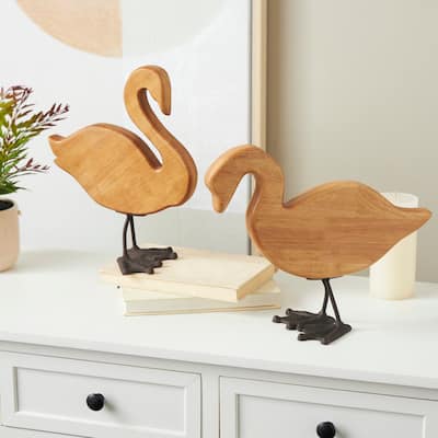 Brown Wood Abstract Minimalistic Duck Decorative Garden Sculpture with Black Metal Feet (Set of 2)