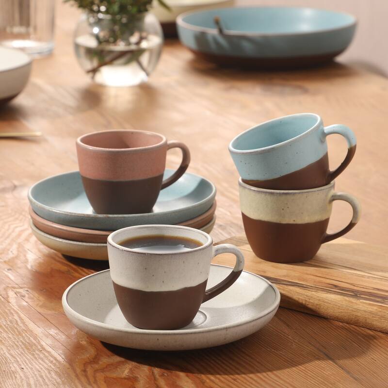 Gibson Elite William Crest 8 Piece Cup & Saucer -3.5oz Espresso Cups, 5.5" Saucers Reactive Stoneware Set