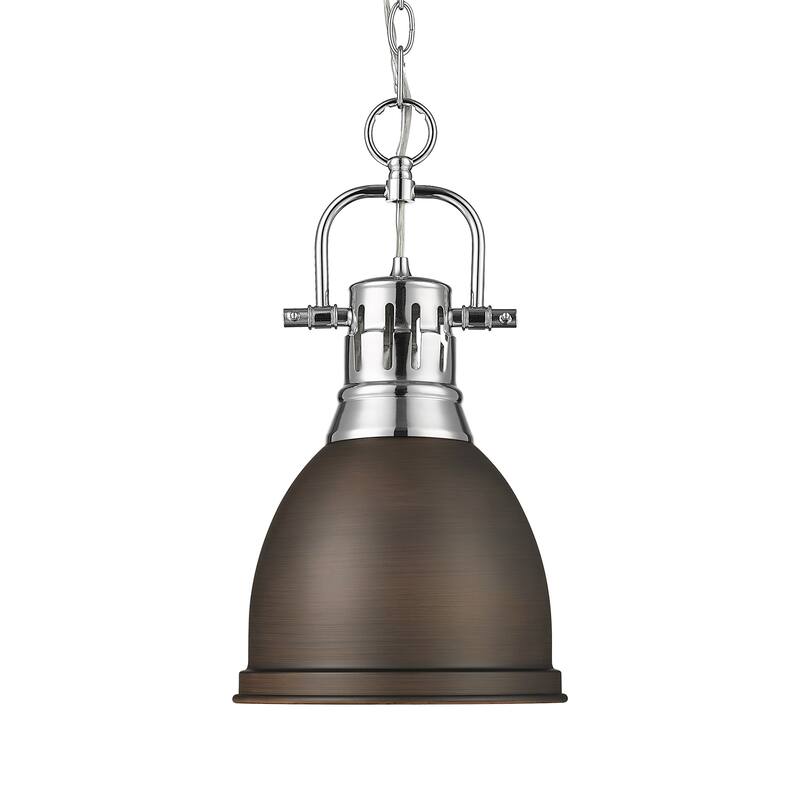 Yep by Golden Lighting Duncan 1-light 9in Chain Hung Pendant in Chrome and Rubbed Bronze shade
