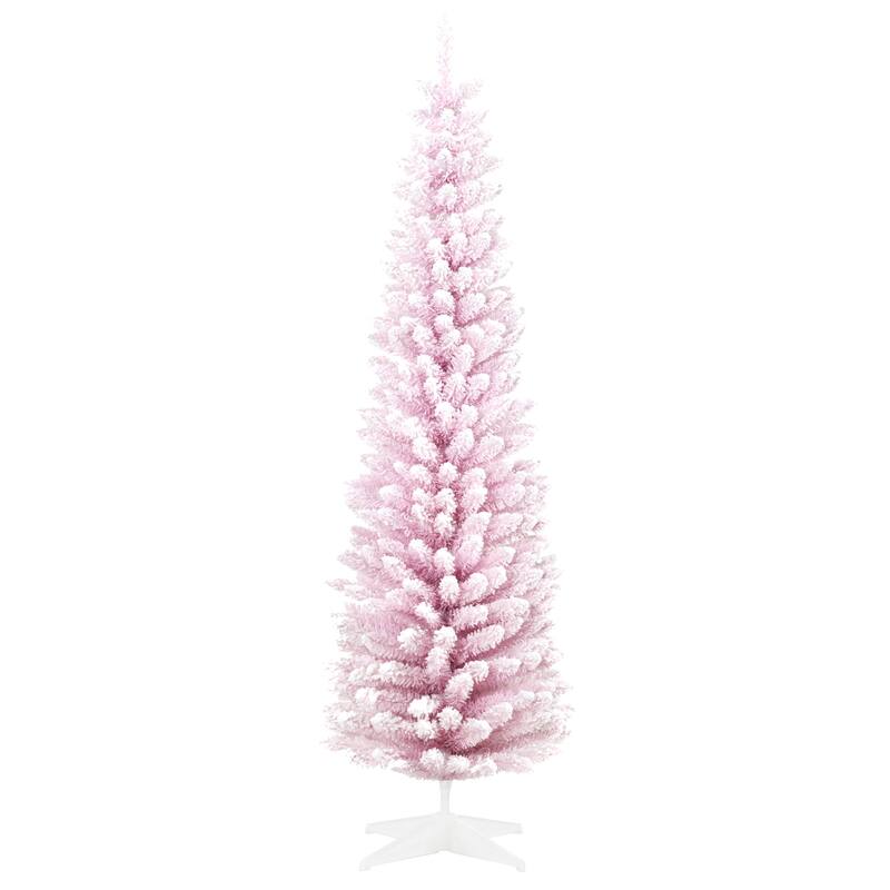 6FT Tall Snow-Flocked Slim Christmas Tree, Unlit Artificial Pencil Tree with Realistic Branches & Easy Assembly