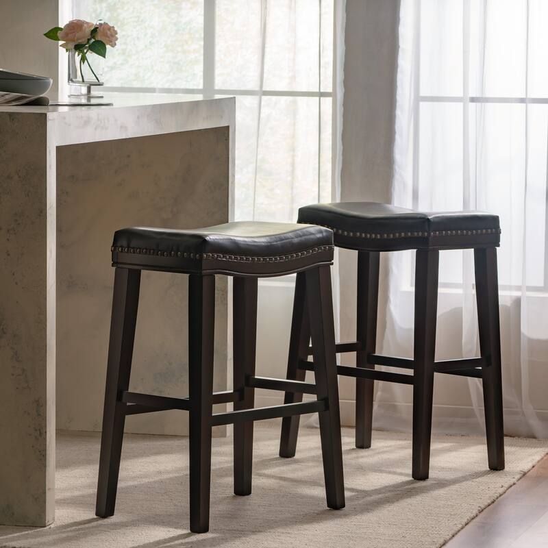 Modern Set of 2 Bar Stools with Leather Cushioned Seats, Nailhead Trim, Solid Wood Legs for Dining Room Living Room and Bar - Brown