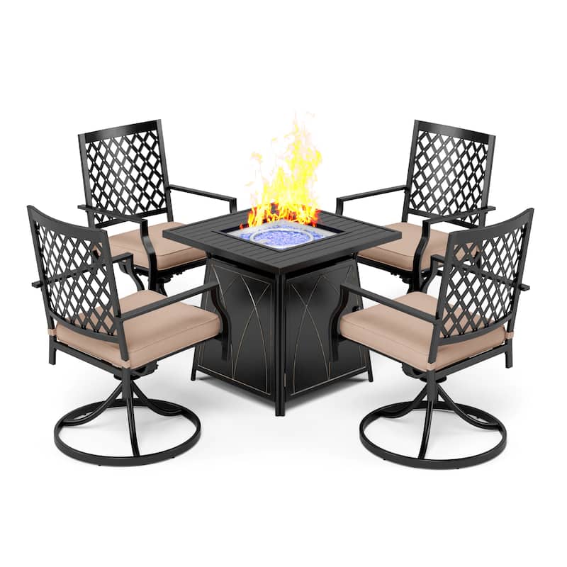 MAISON ARTS 5-Piece Patio Furniture Propane Fire Pit Set, 4 Metal Mesh Swivel Chairs and Square Fire Table