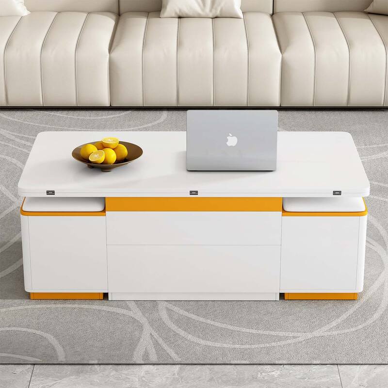 Multi-Functional Lift-Top Coffee Table with 4 Storage Stools,with Foldable Top,for Living Room - White