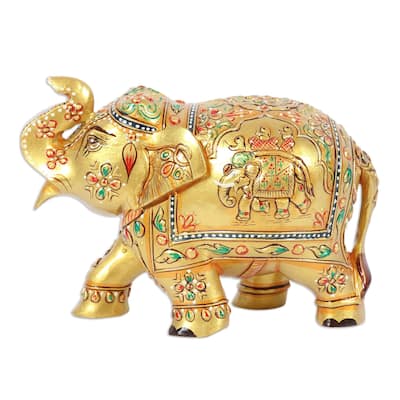 Novica Handmade Golden Pachyderm Wood Figurine