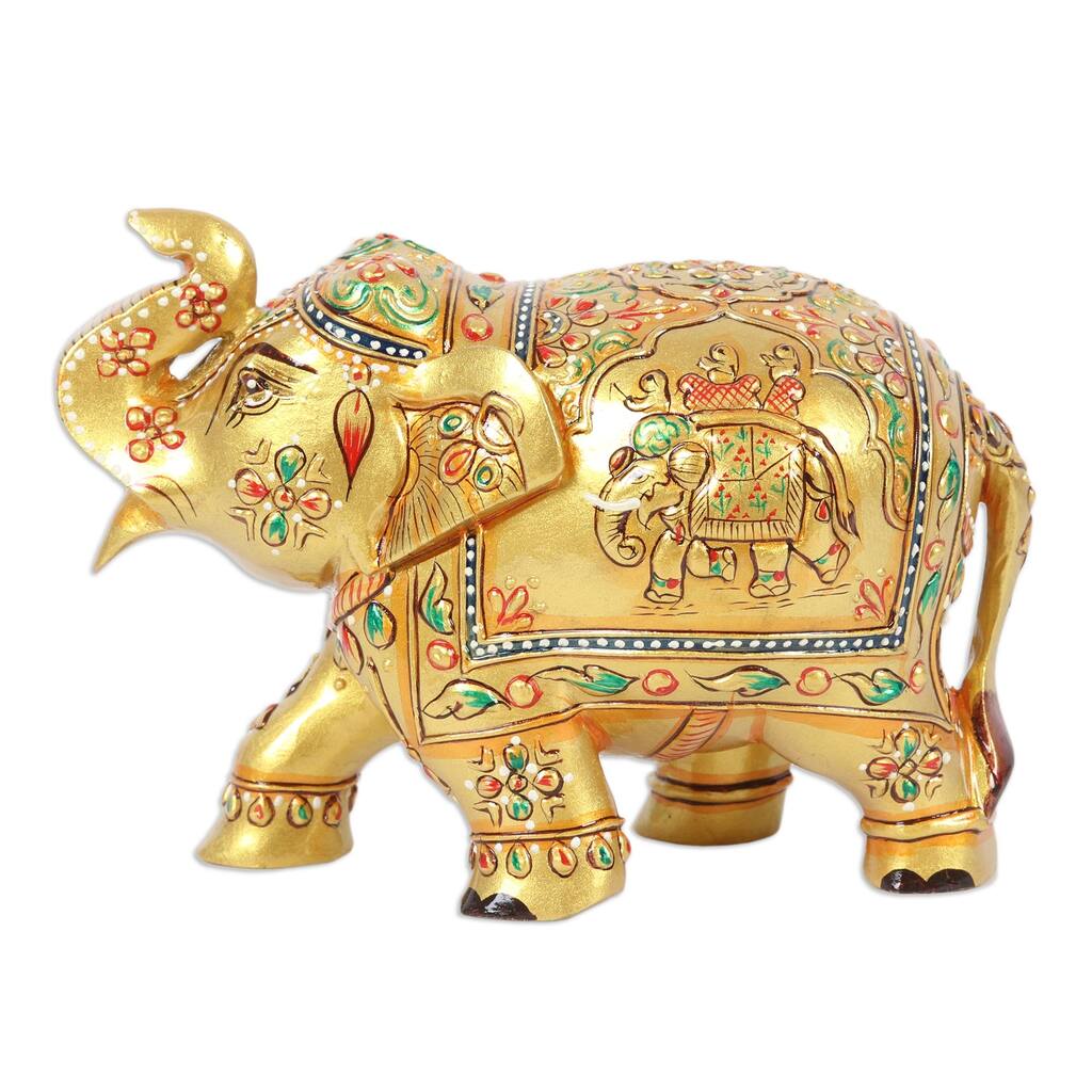Novica Handmade Golden Pachyderm Wood Figurine