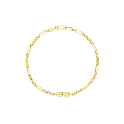 Curata 14k Yellow Gold 7.5" Puffed Heart, Rolo and Long Link Bracelet