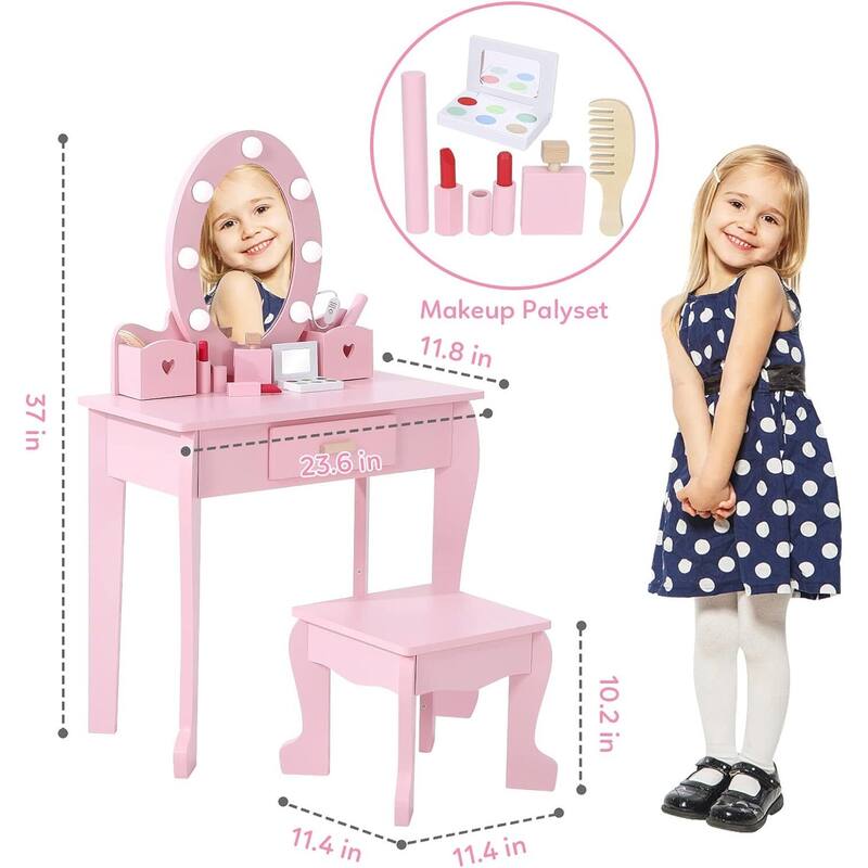 Toddler Lighted Mirror Vanity and Stool, Makeup Play Table for Girls Best Gift