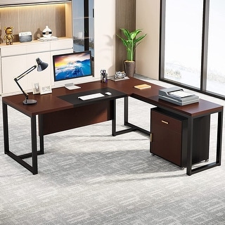 Corner Executive Desk with File Cabinet, Large L-Shaped Computer Desk ...