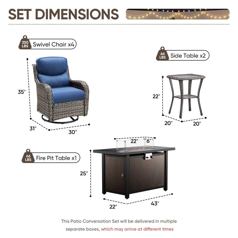 Pocassy Patio Sofa Swivel Chair Set with 43" Fire Pit Table
