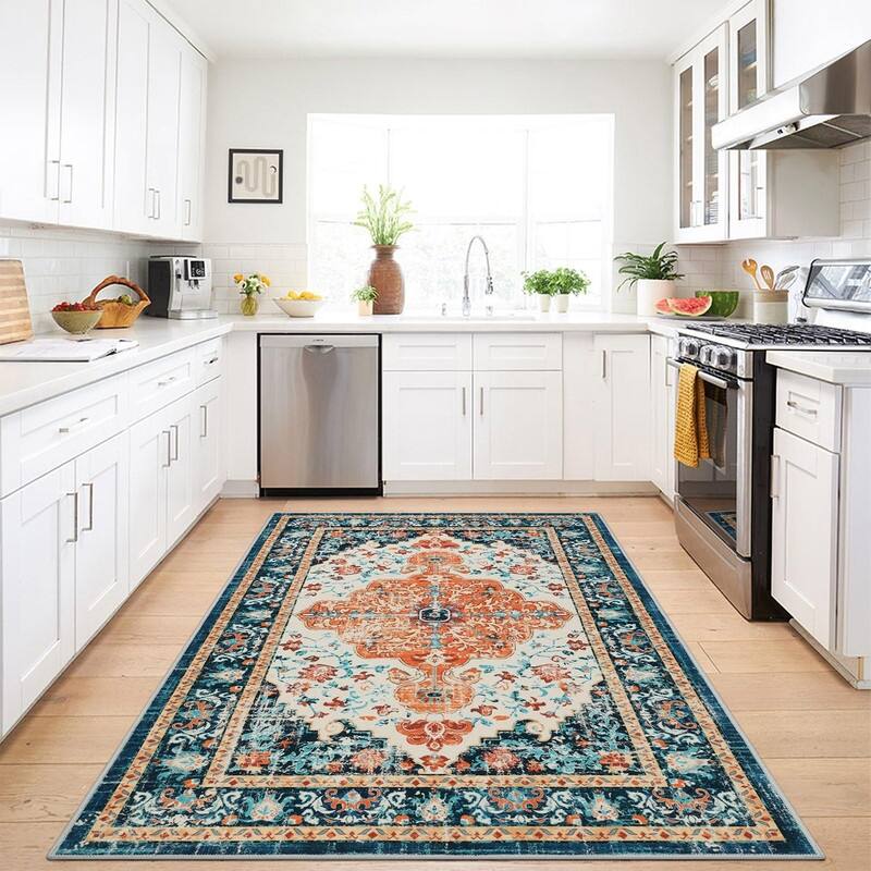 Boho Vintage Area Rug Machine Washable Low Pile Soft Floor Carpet