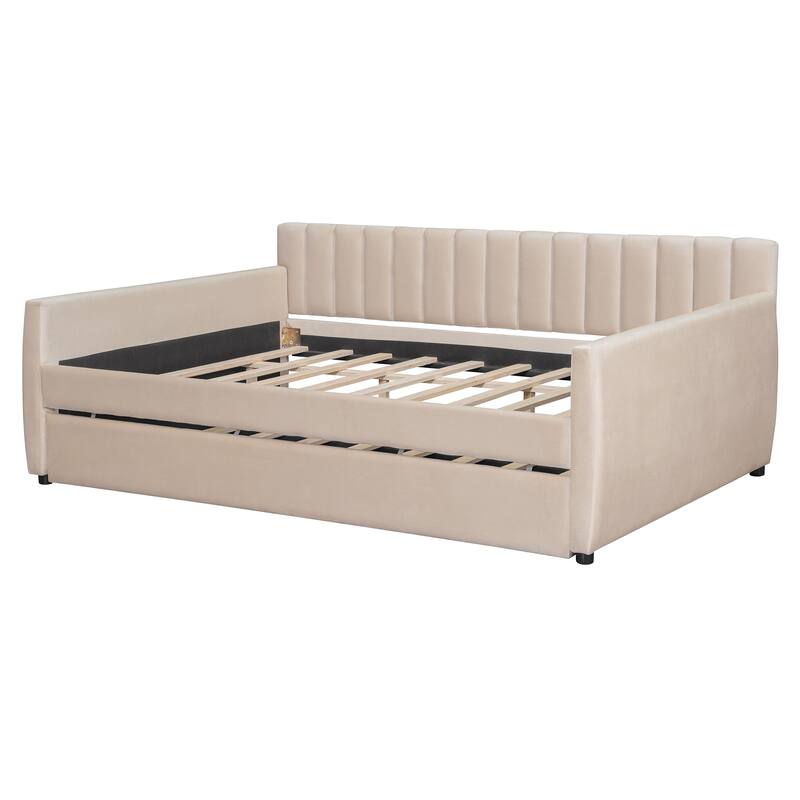 Full Size Upholstered daybed with Trundle and Wood Slat Support