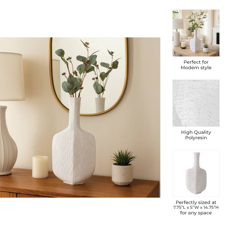 Resin Geometric Vase Textured Square Base For Home Decor - 15" White