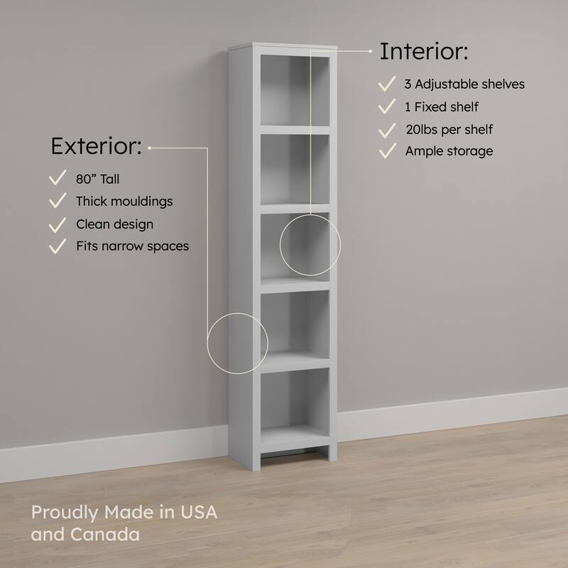 Prepac Moda 80" H 5-Tier Narrow Bookcase, Modern Storage Accent Bookshelf with 3 Adjustable Shelves for Home Office, Living Room