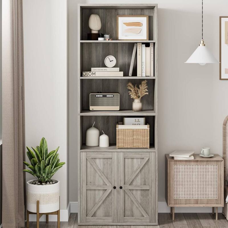 Standing Bookshelf with Doors, 4 Open Storage Shelves - Grey