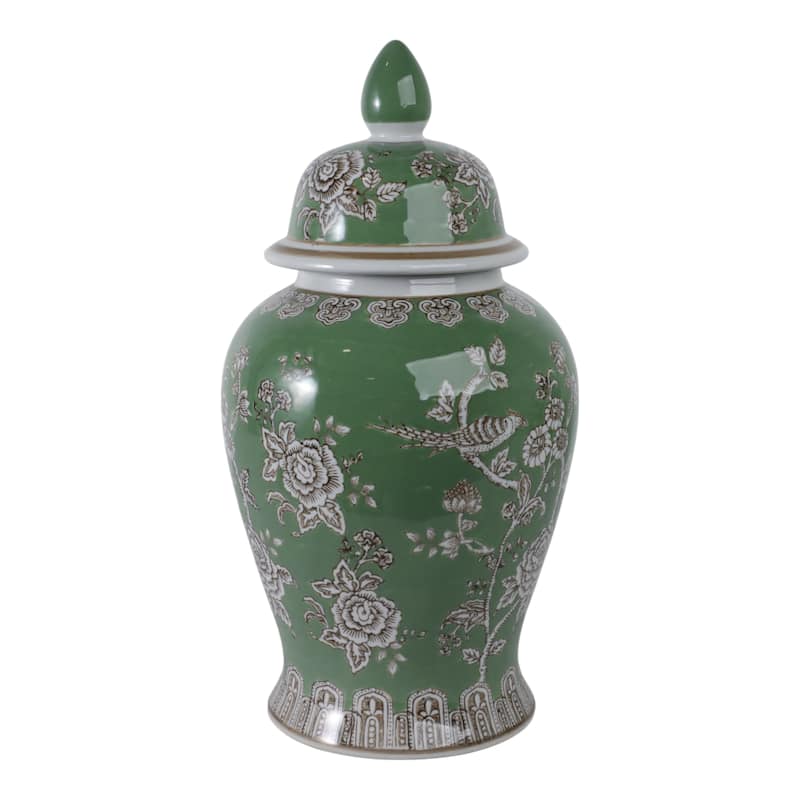 Ceramic Decorative Temple Jar Bird Flower with Lid for Home Decor