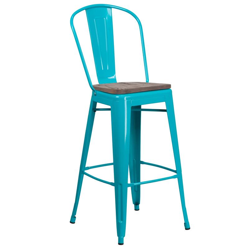 30" High Metal Barstool with Back and Wood Seat - 18"W x 19"D x 46"H - 18"W x 19"D x 46"H - Crystal Teal-Blue