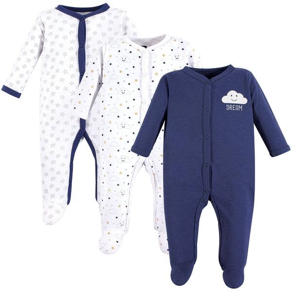 slide 1 of 1, Hudson Baby Infant Boy Cotton Snap Sleep and Play 3pk, Navy Clouds 0-3 Months - Navy Clouds