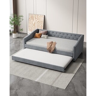 Daybed with Button on Back and Copper Nail on Waved Shape Arms, Twin Size Trundle Upholstered Tufted Sofa Bed, Grey