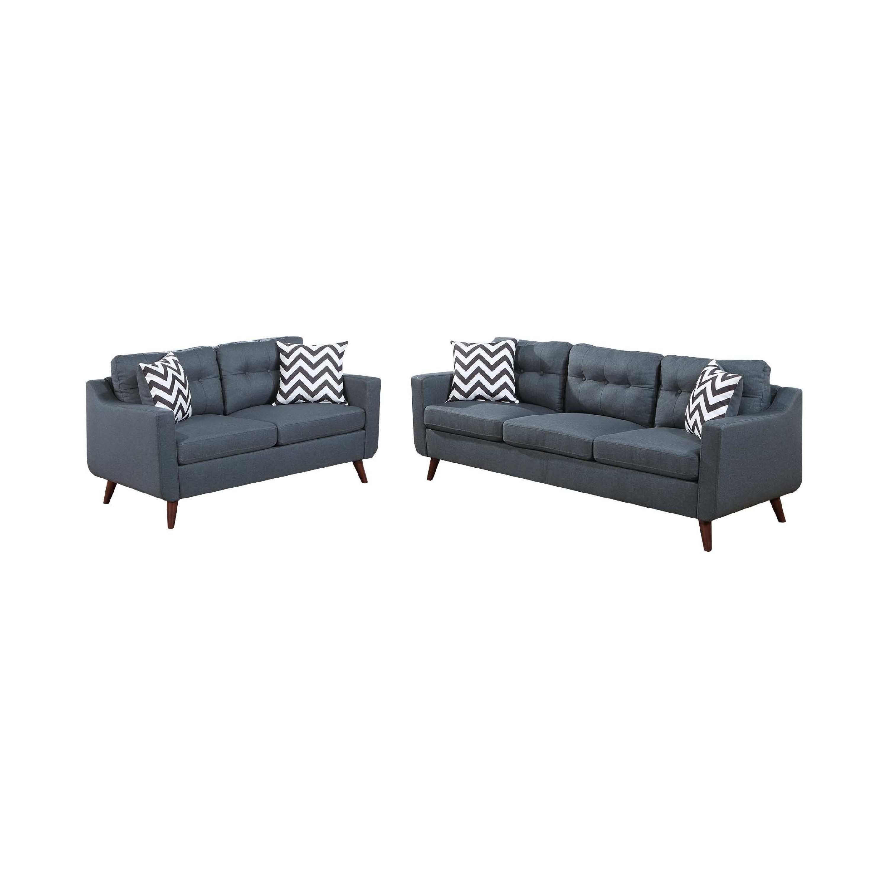 Roli 2pc Sofa and Loveseat Set, 4 Throw Pillows, Soft Blue Polyfiber