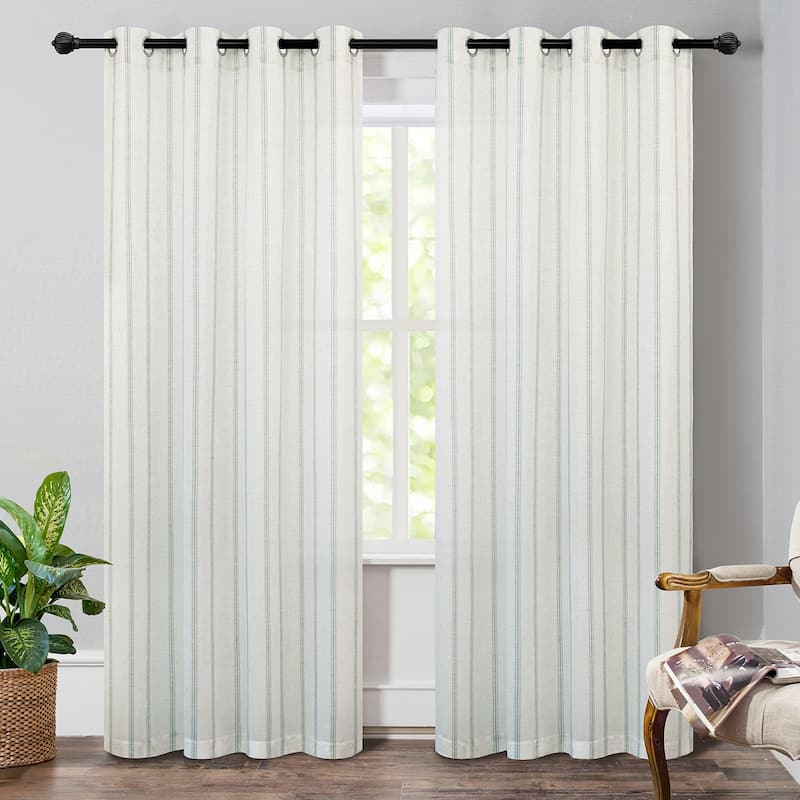 DriftAway Farmhouse Linen Blend Curtains Vertical Striped Printed Drapes - 52" Width X 84" Length - Green