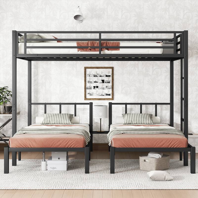 Heavy Duty Metal Triple Bunk Bed, Twin over Twin & Queen Detachable Bunk Bed Frame, Divided Into 3 Separate Beds, Noise Free - Black - Queen
