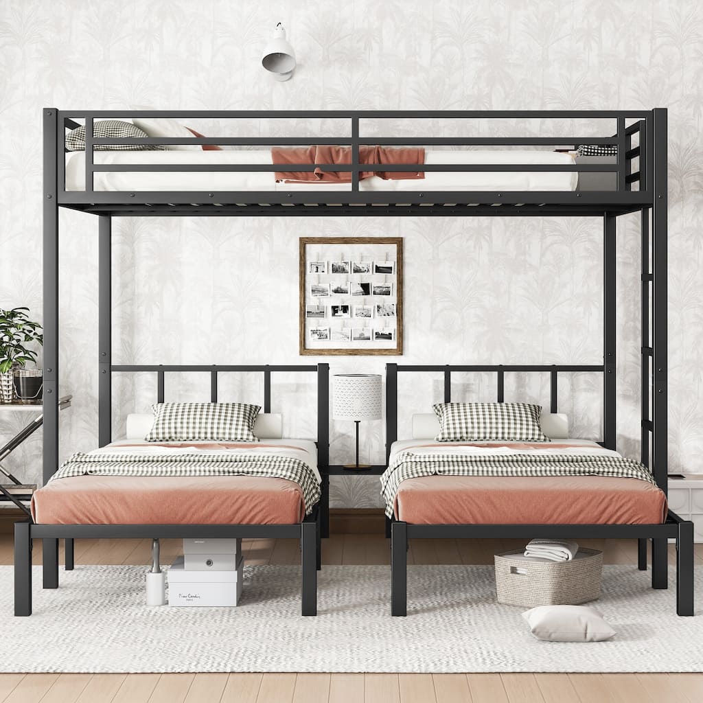 Heavy Duty Metal Triple Bunk Bed, Twin over Twin & Queen Detachable Bunk Bed Frame, Divided Into 3 Separate Beds, Noise Free