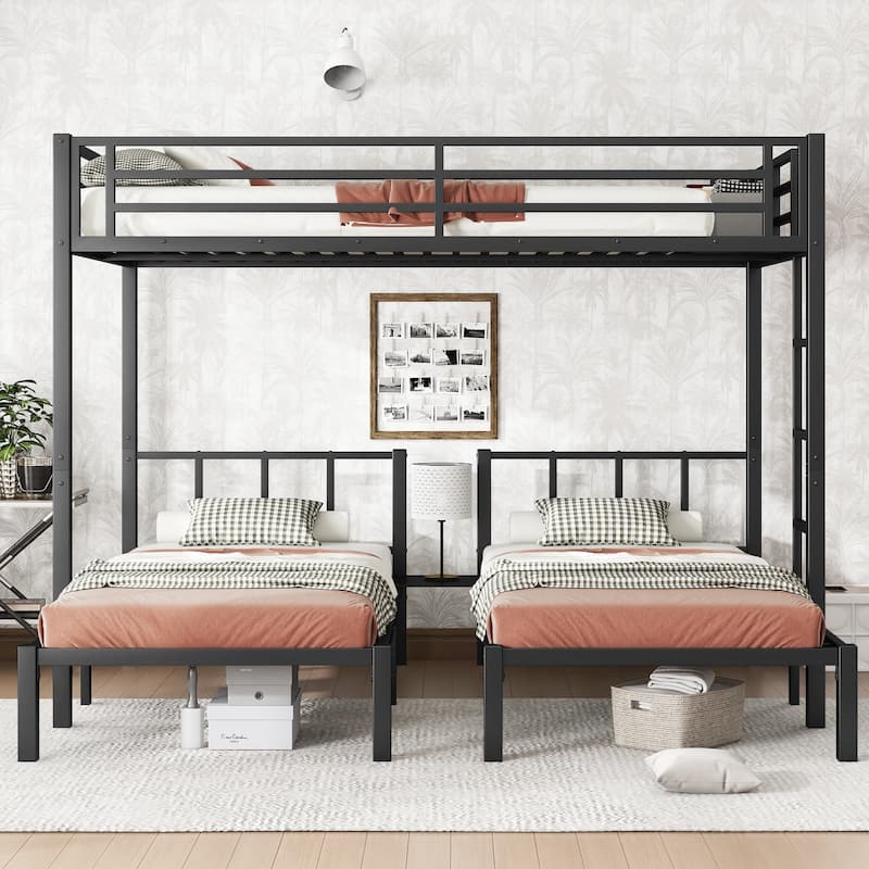 Space-Saving Metal Triple Bunk Bed with Safety Guardrails, Twin over Twin & Queen, Noise Reduced, Black