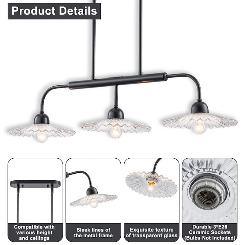 3-Light Black Linear Pendant Light with Pleated Clear Glass Shades - Dia.35.43-in