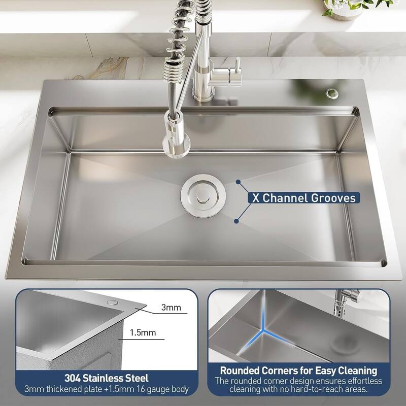 24"X18"X9" Undermount Kitchen Drop In Sink for Easy Installation with Faucet