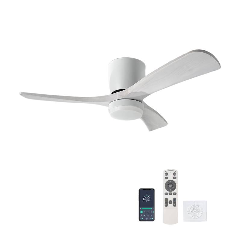 42" Solid Wood Ceiling Fan with Light-Flush Mount, Dc Motor ( Pale White Washed Walnut) - Antique White