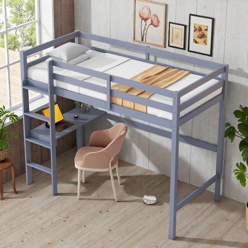 Twin High Loft Bed with Desk and Ladder, Solid Rubber Wood Loft Bed with Safety Guardrails