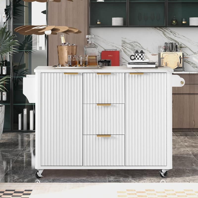55.5" Fluted Kitchen Island with Drop Leaf and Storage Features Power Outlet and Adjustable Shelves - White