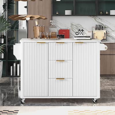 55.5" Fluted Kitchen Island with Drop Leaf and Storage Features Power Outlet and Adjustable Shelves