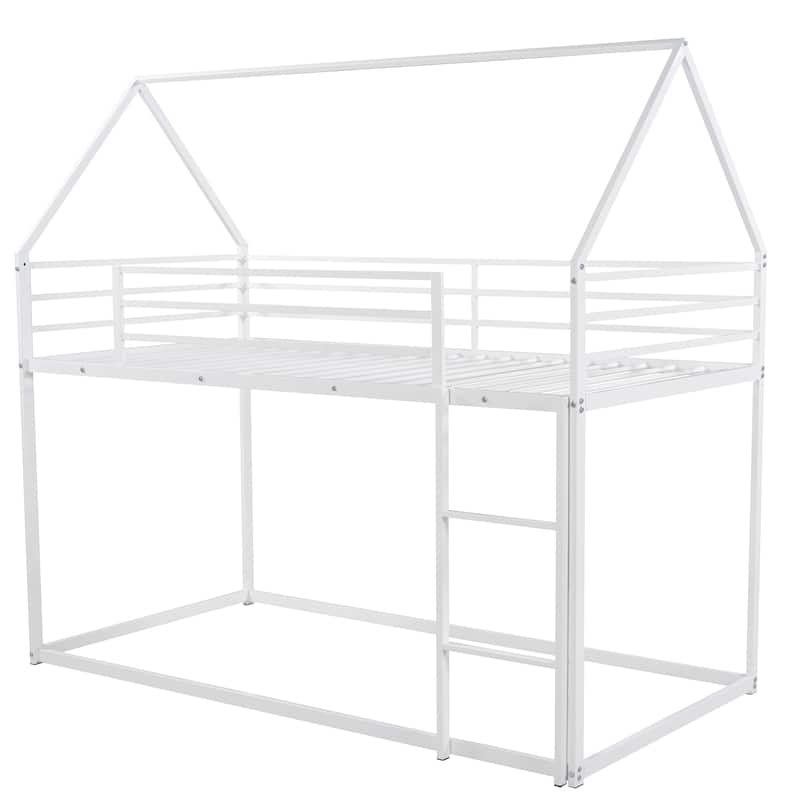 Twin Size Floor Bunk Bed Frame, Heavy Duty Metal House Bunk Bed, Twin over Twin House Shaped Bed Frame with Convertible Ladder