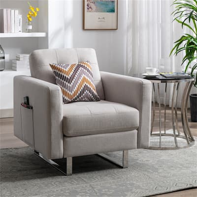 Modern Linen Fabric Accent Chair Armchair with Metal Legs,Side Pocket - 34"Wx33"Dx33"H