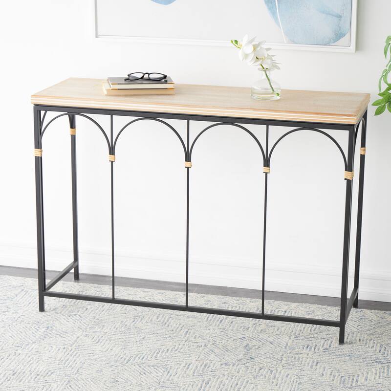 Wooden Arched Console Table with Wood Zig Zag Patterned Top and Rattan Accents - Black - Roche River Decor