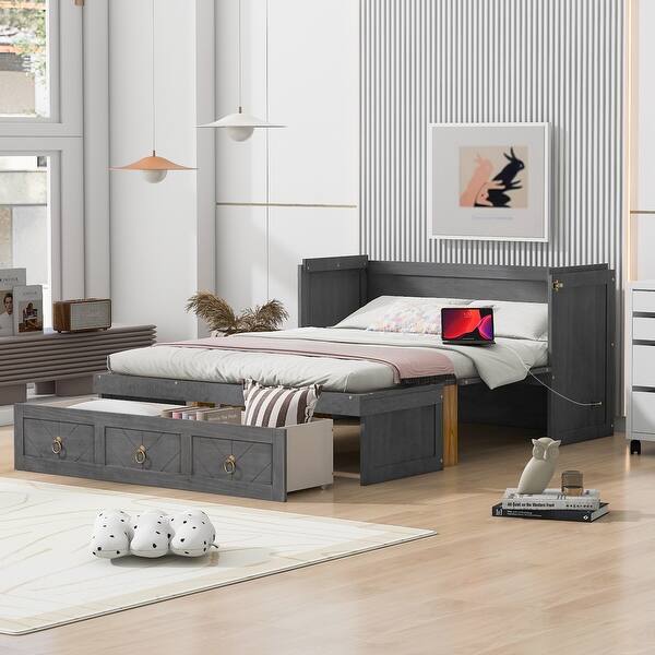 slide 2 of 20, Murphy Bed with USB Port and a Large Drawer, Folding Bed, Gray Gray - Full