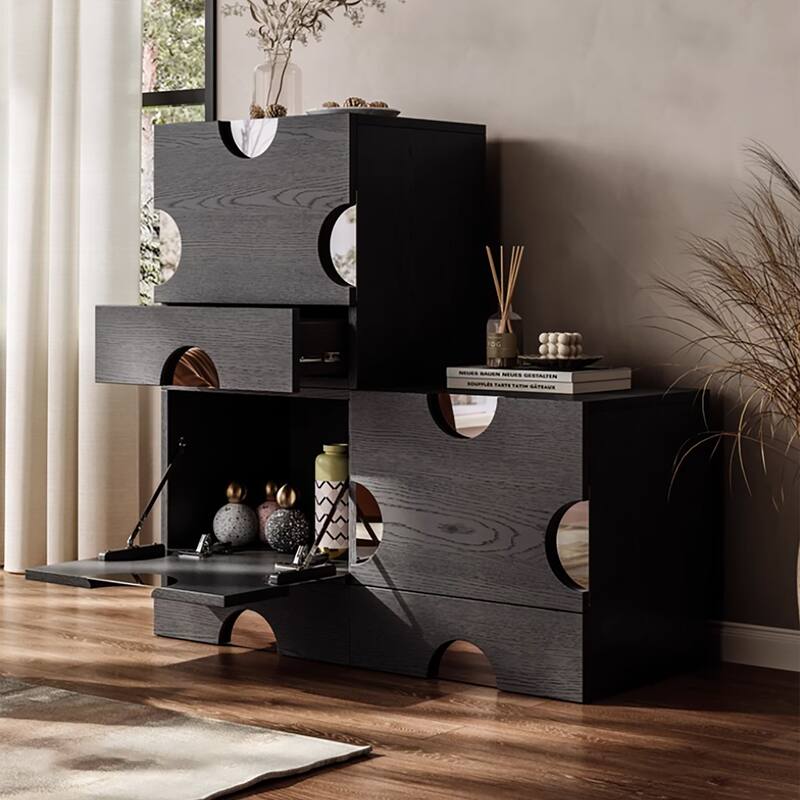 Modern Black freely combinable TV cabinet with storage, Solid Wood, Night Stands & Cabinets, 1-4 Pieces for Optional