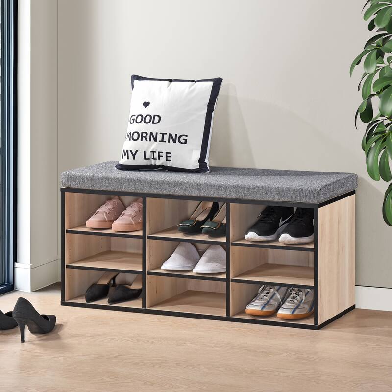 Apollo 9-Cube Wood Shoe Storage Bench with Cushion Seat - Oak/Black