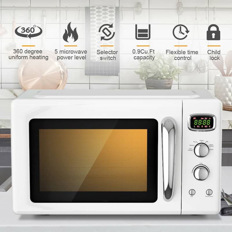 0.9 Cu Ft Microwave Oven with 360 Degree Rotating Glass Turntable and 5 Cooking Modes Child Safety Lock - 19.5" x 14" x 11"