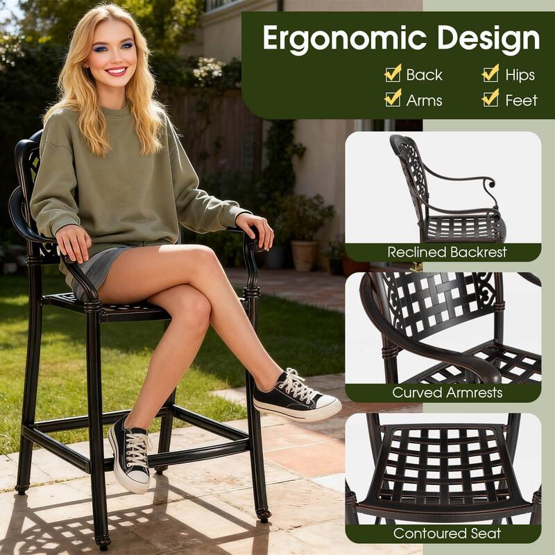 Costway 25.5” Outdoor Bar Stool Set of 2/4 with Ergonomic Back, Arms & - See Details - Copper
