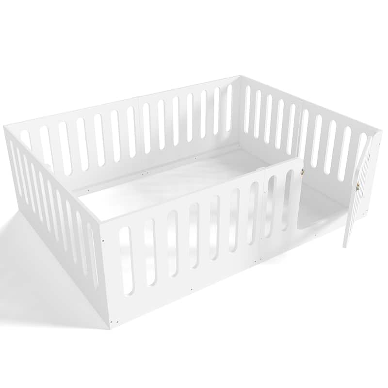 Queen Size Floor Bed with High Fence for Kids, Solid Wood Kids Montessori Bed with Door, No Box Spring Needed Design