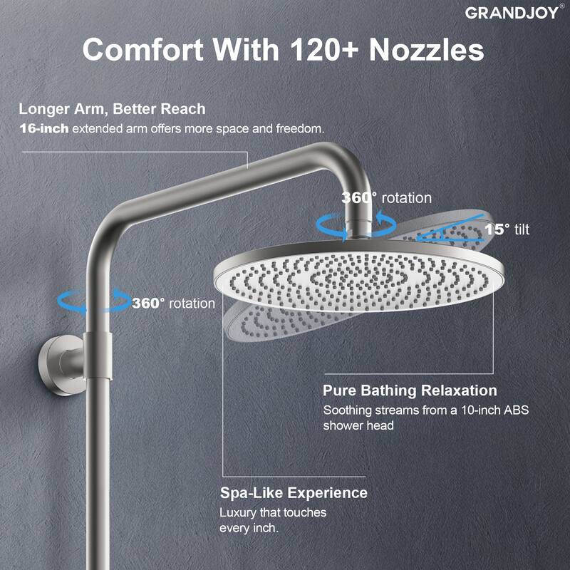 GRANDJOY 10" Round Rainfall Shower System Handheld Showerhead with Adjustable Bar